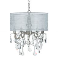 Amalfi Decor Luna Silver 5 Light Crystal Chandelier with Drum Shade, Glass Beaded Swag Plug-In Pendant Wrought Iron Cylinder Shaded Ceiling Lighting Fixture Lamp