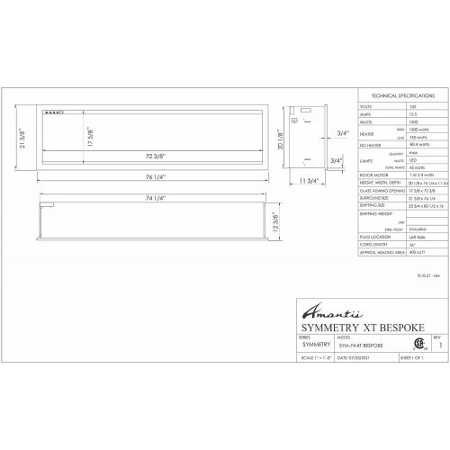  Amantii SYM-74-XT-BESPOKE Symmetry Extra Tall Bespoke 74 Inch Recessed or Semi Flush Mounted Indoor Outdoor Electric Fireplace, WiFi Bluetooth Speaker Available, with Remote, Trim