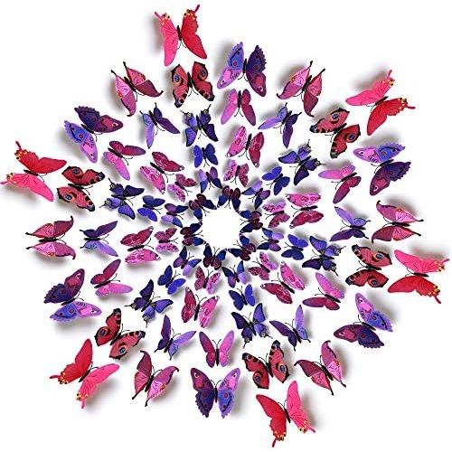  Amaonm 60 Pcs 5 Packages Beautiful 3D Butterfly Wall Decals Removable DIY Home Decorations Art Decor Wall Stickers & Murals for Babys Bedroom Tv Background Living Room (Purple)