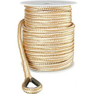 Amarine Made Heavy Duty Double Braid Nylon Anchor Line with Stainless Steel Thimble-White/Gold (3/8