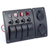 Amarine-made 4 Gang Red LED Indicators Rocker & Circuit Breaker Waterproof Marine Boat Rv Switch Panel Combined with Dual USB / 12v Power Adapter Panel - PN-CB4-R-CB1/S1S2