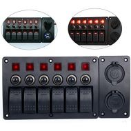 Amarine-made 6 Gang Red LED Indicators Rocker & Circuit Breaker Waterproof Marine Boat Rv Switch Panel Combined with Dual USB  12v Power Adapter Panel - PN-CB6-R-CB1S1S2