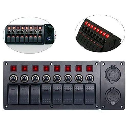  Amarine-made 8 Gang Red LED Indicators Rocker & Circuit Breaker Waterproof Marine Boat Rv Switch Panel Combined with Dual USB  12v Power Adapter Panel - PN-CB8-R-CB1S1S2