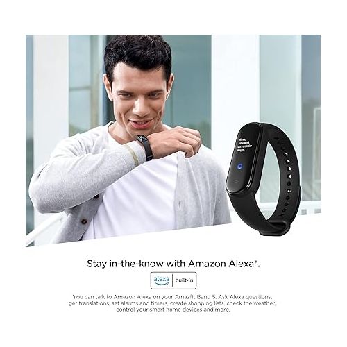  Amazfit Band 5 Activity Fitness Tracker with Alexa Built-in, 15-Day Battery Life, Blood Oxygen, Heart Rate, Sleep & Stress Monitoring, 5 ATM Water Resistant, Fitness Watch for Men Women Kids, Black