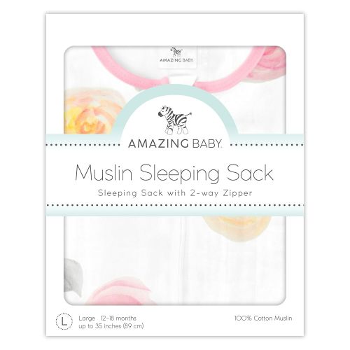  Amazing Baby Muslin Sleeping Sack with 2-Way Zipper, Watercolor Roses, Pink, Small