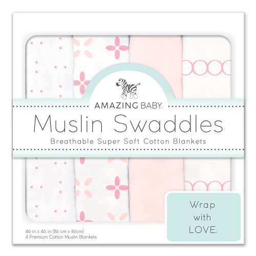  Amazing Baby Muslin Swaddle Blankets, Set of 4, Premium Cotton, Love You Forever, Pink