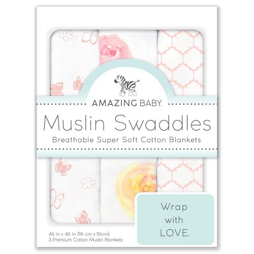  Amazing Baby Cotton Muslin Swaddle Blankets, Set of 3, Watercolor Roses, Pink