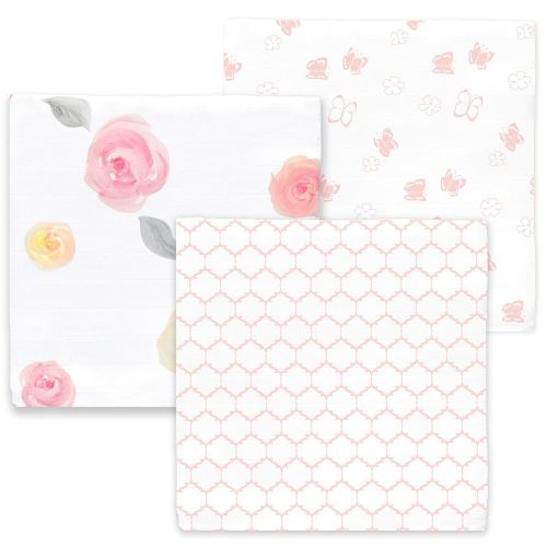  Amazing Baby Cotton Muslin Swaddle Blankets, Set of 3, Watercolor Roses, Pink