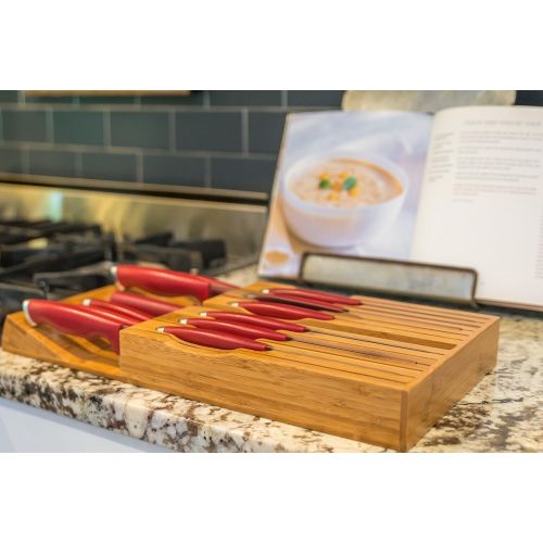  Amazing Tymes Knife Block Kitchen Drawer Organizer - Premium Bamboo Tray Insert Has Slots For 12 Knives And A Sharpener Slot