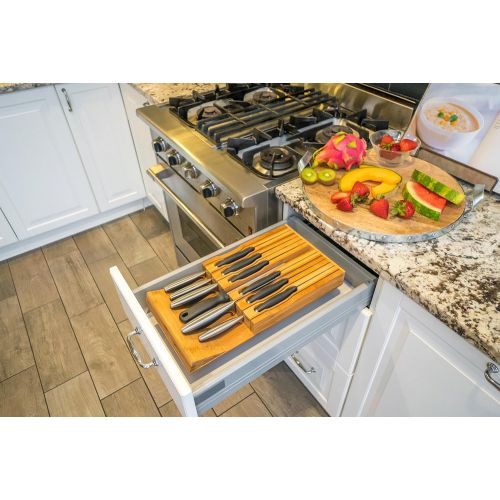  Amazing Tymes Knife Block Kitchen Drawer Organizer - Premium Bamboo Tray Insert Has Slots For 12 Knives And A Sharpener Slot