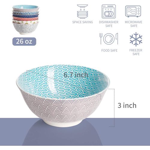  [아마존 핫딜] Amazingware Porcelain Bowls - 26 Ounce for Cereal, Soup, Salad and Fruit, Set of 6, Assorted Designs