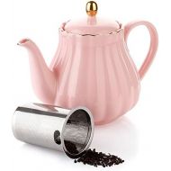 Amazingware Royal Teapot, Porcelain Tea Pot with Stainless Steel Infuser, with a Filter for Loose Tea, Pumpkin Fluted Shape - 28 oz, Pink
