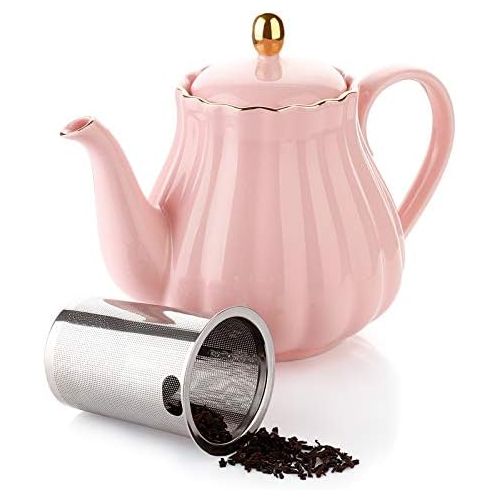  Amazingware Royal Teapot, Porcelain Tea Pot with Stainless Steel Infuser, with a Filter for Loose Tea, Pumpkin Fluted Shape - 28 oz, Pink