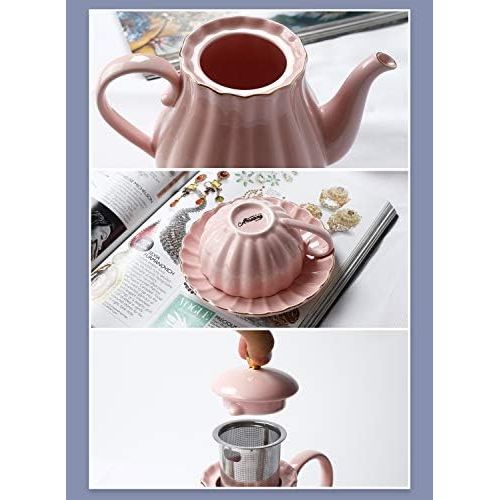  Amazingware Royal Teapot, Porcelain Tea Pot with Stainless Steel Infuser, with a Filter for Loose Tea, Pumpkin Fluted Shape - 28 oz, Pink