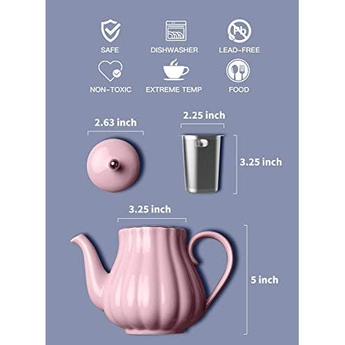  Amazingware Royal Teapot, Porcelain Tea Pot with Stainless Steel Infuser, with a Filter for Loose Tea, Pumpkin Fluted Shape - 28 oz, Pink