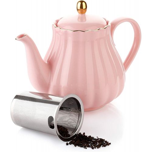  Amazingware Royal Teapot, Porcelain Tea Pot with Stainless Steel Infuser, with a Filter for Loose Tea, Pumpkin Fluted Shape - 28 oz, Pink