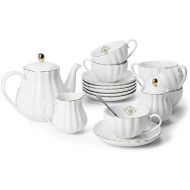 Amazingware Porcelain Tea Set - Tea Cup and Saucer Set Service for 6, with 28 oz Teapot Sugar Bowl Cream Pitcher Teaspoons and Tea Strainer - for Thanksgiving - Pumpkin Fluted Shap