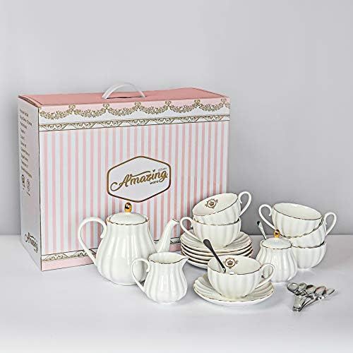  Amazingware Porcelain Tea Set - Tea Cup and Saucer Set Service for 6, with 28 oz Teapot Sugar Bowl Cream Pitcher Teaspoons and Tea Strainer - for Thanksgiving - Pumpkin Fluted Shap