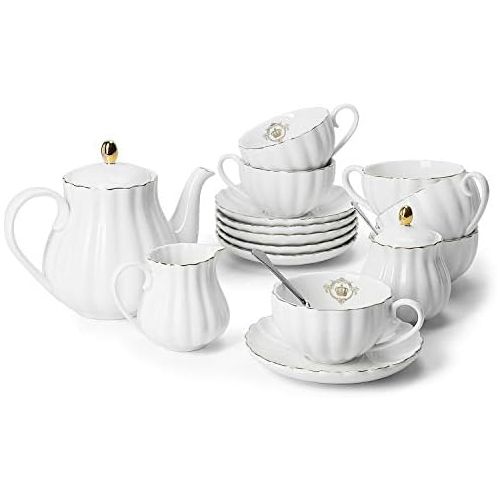  Amazingware Porcelain Tea Set - Tea Cup and Saucer Set Service for 6, with 28 oz Teapot Sugar Bowl Cream Pitcher Teaspoons and Tea Strainer - for Thanksgiving - Pumpkin Fluted Shap