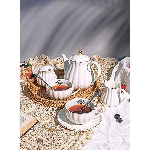  Amazingware Porcelain Tea Set - Tea Cup and Saucer Set Service for 6, with 28 oz Teapot Sugar Bowl Cream Pitcher Teaspoons and Tea Strainer - for Thanksgiving - Pumpkin Fluted Shap