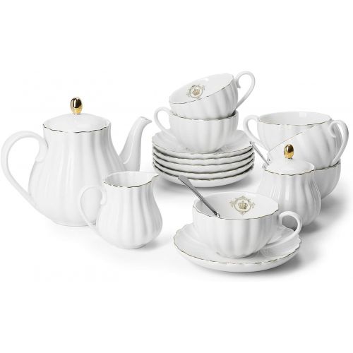  Amazingware Porcelain Tea Set - Tea Cup and Saucer Set Service for 6, with 28 oz Teapot Sugar Bowl Cream Pitcher Teaspoons and Tea Strainer - for Thanksgiving - Pumpkin Fluted Shap