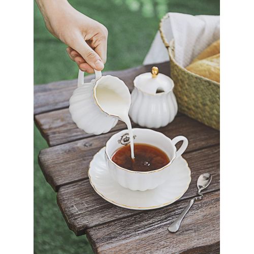  Amazingware Porcelain Tea Set - Tea Cup and Saucer Set Service for 6, with 28 oz Teapot Sugar Bowl Cream Pitcher Teaspoons and Tea Strainer - for Thanksgiving - Pumpkin Fluted Shap