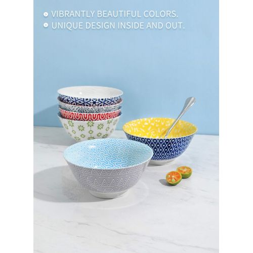  Amazingware Porcelain Bowls - 18 Ounce for Cereal, Soup, Salad and Pasta, Set of 6, Assorted Designs