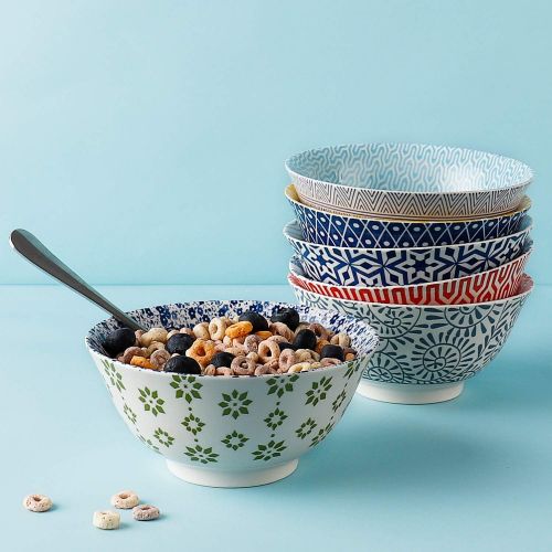  Amazingware Porcelain Bowls - 18 Ounce for Cereal, Soup, Salad and Pasta, Set of 6, Assorted Designs