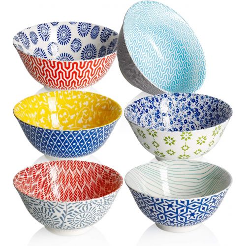  Amazingware Porcelain Bowls - 18 Ounce for Cereal, Soup, Salad and Pasta, Set of 6, Assorted Designs