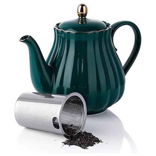  [아마존베스트]Amazingware Royal Teapot, Porcelain Tea Pot with Stainless Steel Infuser, with a Filter for Loose Tea, Pumpkin Fluted Shape - 28 oz, Dark Green