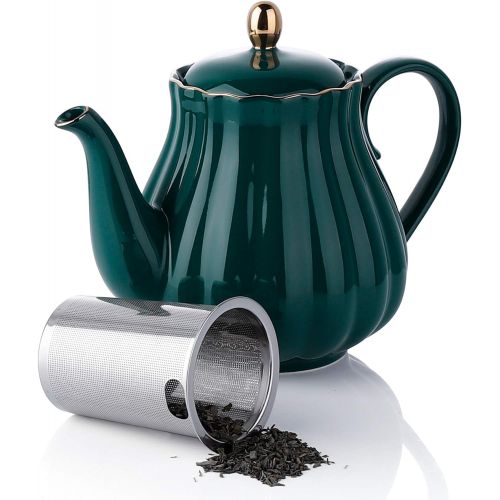  [아마존베스트]Amazingware Royal Teapot, Porcelain Tea Pot with Stainless Steel Infuser, with a Filter for Loose Tea, Pumpkin Fluted Shape - 28 oz, Dark Green
