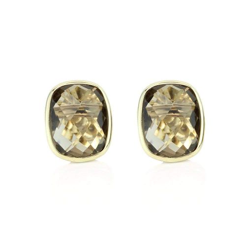  Amazinite 14k Yellow Gold Stud Earrings With Cushion Cut Smoky Quartz - Gemstone Studs