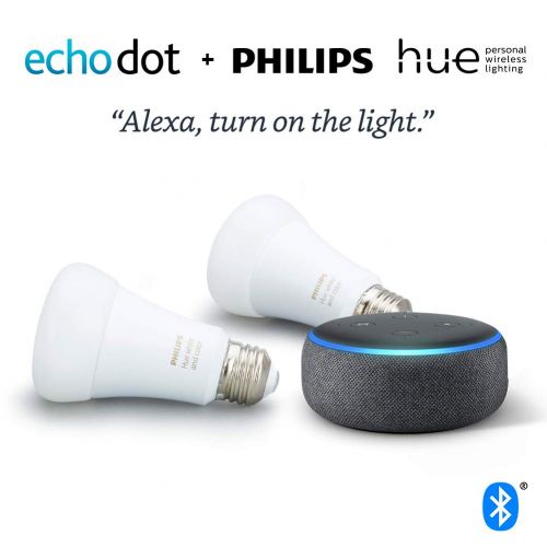  [아마존핫딜][아마존 핫딜] Amazon Echo Dot (3rd Gen) Charcoal Bundle with Philips Hue White & Color 2-pack A19 Smart Bulbs, Bluetooth & Zigbee compatible (No Hub Required)