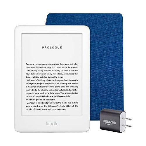  [아마존베스트]From: Kindle Essentials Bundle including All-new Kindle, now with a built-in front light, White - with Special Offers, Kindle Fabric Cover  Cobalt Blue, and Power Adapter