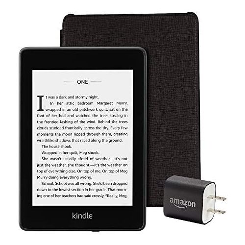  Kindle Paperwhite Essentials Bundle including Kindle Paperwhite - Wifi with Special Offers, Amazon Leather Cover, and Power Adapter