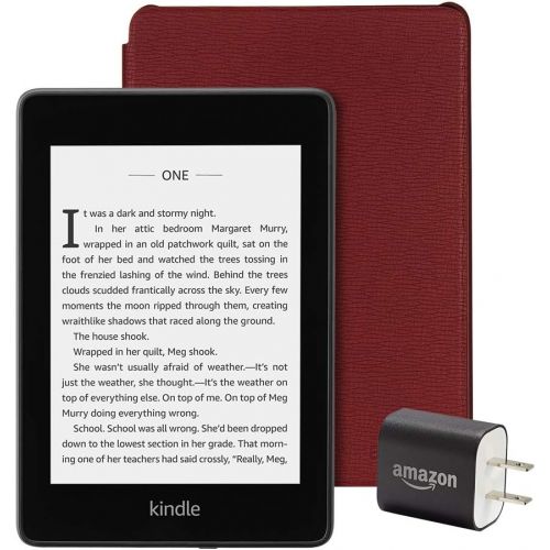  Kindle Paperwhite Essentials Bundle including Kindle Paperwhite - Wifi with Special Offers, Amazon Leather Cover, and Power Adapter