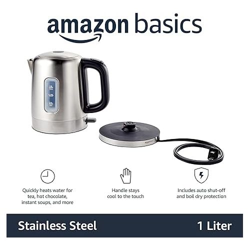  Amazon Basics Stainless Steel Portable Fast, Electric Hot Water Kettle for Tea and Coffee, Automatic Shut Off, 1 Liter, Black and Sliver