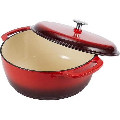  Amazon Basics Enameled Cast Iron Round Dutch Oven with Lid and Dual Handles, Heavy-Duty, 6-Quart, Red