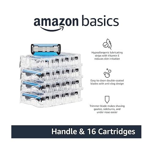  Amazon Basics 5-Blade MotionSphere Razor for Men with Dual Lubrication and Precision Trimmer, Handle & 16 Cartridges, Cartridges fit, Razor Handles only, 17 Piece Set, Black