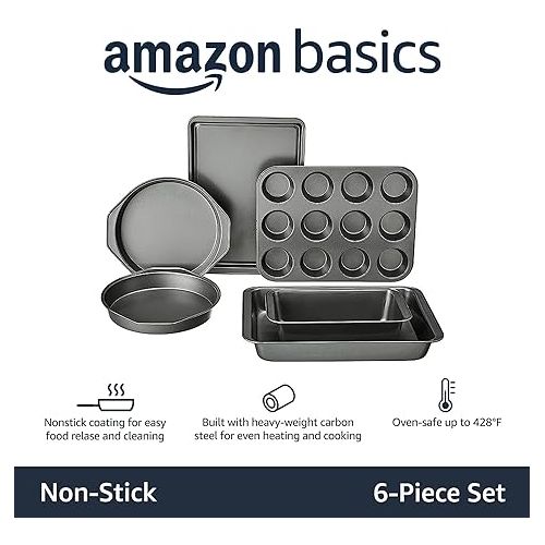  Amazon Basics 6 Piece Nonstick, Carbon Steel Oven Bakeware Baking Set, 40.5 cm x 28.5 cm x 15 cm