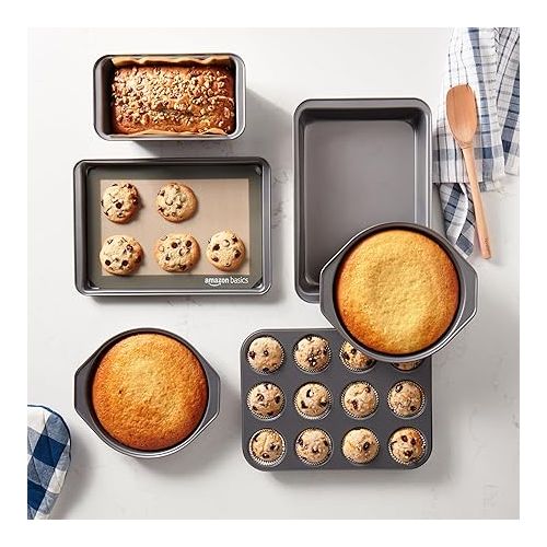  Amazon Basics 6 Piece Nonstick, Carbon Steel Oven Bakeware Baking Set, 40.5 cm x 28.5 cm x 15 cm