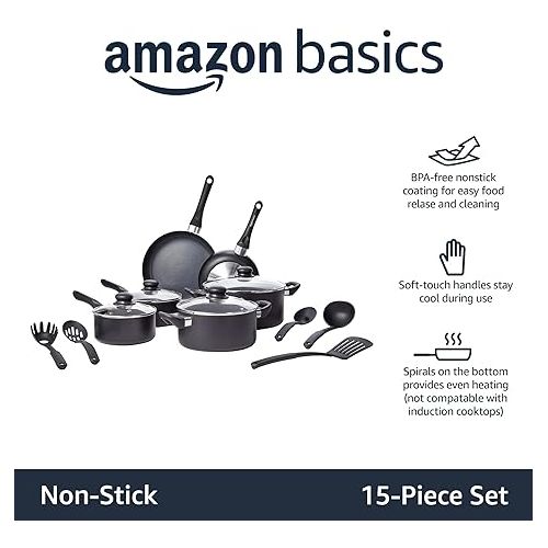  Amazon Basics Non-Stick Cookware 15-Piece Set, Pots, Pans and Utensils, Black