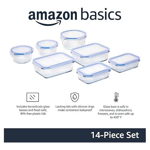  Amazon Basics Glass Locking Lids Food Storage Containers, 14-Piece Set, 7 Count of Bases and 7 Plastic Lids, Clear, Blue