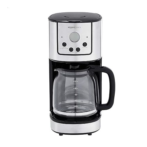  Amazon Basics Programmable Coffeemaker with Carafe and Reusable Filter, Stainless Steel, 12 Cups, Black