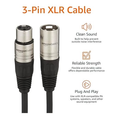  Amazon Basics XLR Microphone Cable for Speaker or PA System, All Copper Conductors, 6MM PVC Jacket, 6 Foot, Black