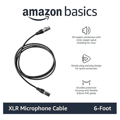  Amazon Basics XLR Microphone Cable for Speaker or PA System, All Copper Conductors, 6MM PVC Jacket, 6 Foot, Black