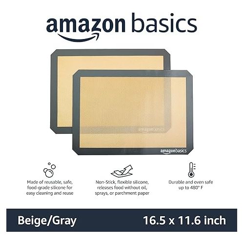  Amazon Basics Silicone, Non-Stick, Food Safe Baking Mat, Pack of 2, New Beige/Gray, Rectangular, 16.5
