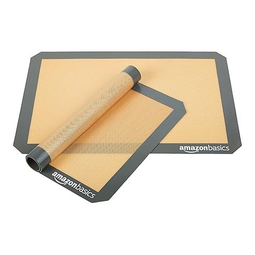  Amazon Basics Silicone, Non-Stick, Food Safe Baking Mat, Pack of 2, New Beige/Gray, Rectangular, 16.5