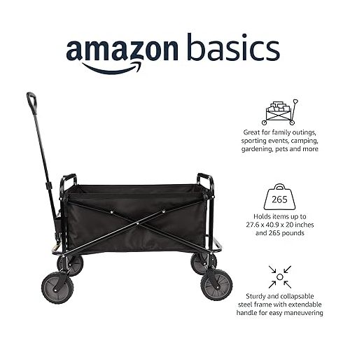  Amazon Basics Collapsible Folding Wagon, Heavy Duty, Utility Wagon for Sports, Camping, Garden, and Shopping, Black