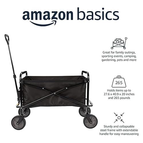  Amazon Basics Collapsible Folding Wagon, Heavy Duty, Utility Wagon for Sports, Camping, Garden, and Shopping, Black